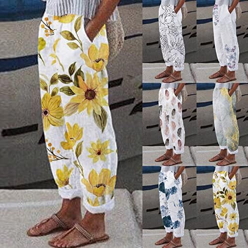 KINGAOGGO Ladies Linen hlače Ravne hlače za noge Boho hlače za žene Ljetne hlače udobne hlače elastične struke