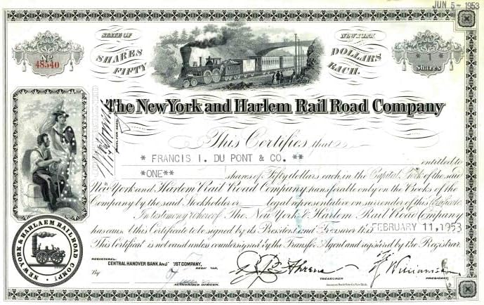 New York and Harlem Rail Road Co. - Potvrda o željezničkim zalihama