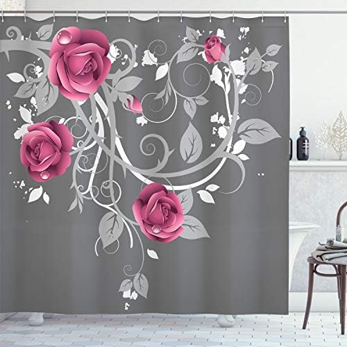 Lunarna zavjesa za tuširanje cvijeća, proljetne ruže s jednobojnom granom i lišće na pozadini efekta grunge, tkanina tkanina za kupatilo