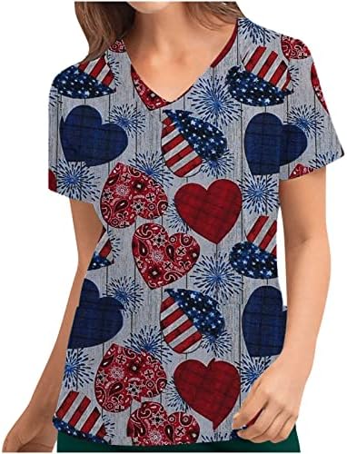LCEPCY ženski kratki rukavi s V-izrezom Uniforma povremena neovisnost Dan tiskanih džepova bluza Bluza