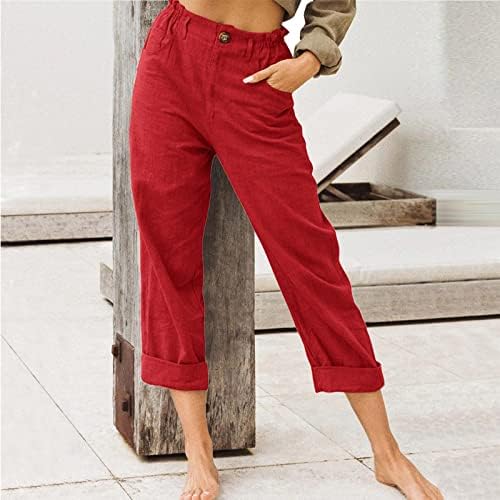 Xinshide lanene hlače za žene udobne elastične hlače plaže s džepovima povremene prozračne hlače za ravne noge