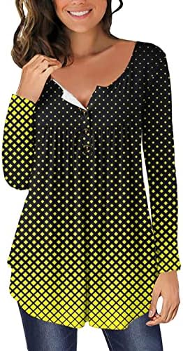 Ženski vrhovi dugih rukava Osvjesna ležerna protočna bluza tipka V vrat Henley majica rombus dot gradijent ruched tunika