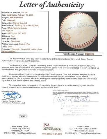 Najfiniji singl Jim Bottomley potpisao je bejzbol D.1959 kardinali JSA loa - Autografirani bejzbol
