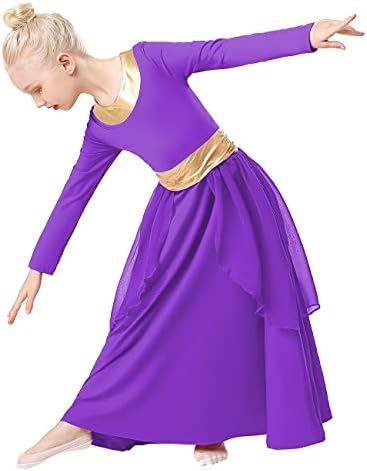 Hihcbf djevojke dugi rukavi pohvale plesna haljina liturgijska metalni pojas široki ljuljački šifonska suknja bogoslužje lirički kostim