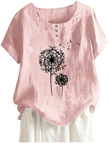 Ružičasti gornji majica za žene jesen ljetni odjeća s kratkim rukavima modna lanena pamučna posada gumb za vrat dolje grafički vrh