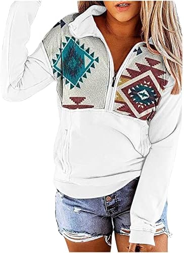 Majica s kapuljačom za žene, ženski casual Aztec pulover s geometrijskim ovratnikom s patentnim zatvaračem, majice s džepom