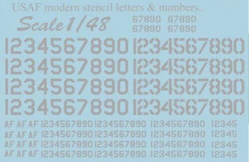 Ljestvica ispisa 48-004-1/48 slova i brojeva modernog šablona USAF-a u sivoj boji, mokra naljepnica