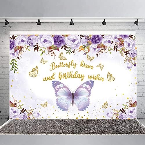 Pozadina od 5 do 3 stope s poljupcima leptira i rođendanskim željama ljubičasta cvjetna pozadina leptira za djevojčice za rođendan