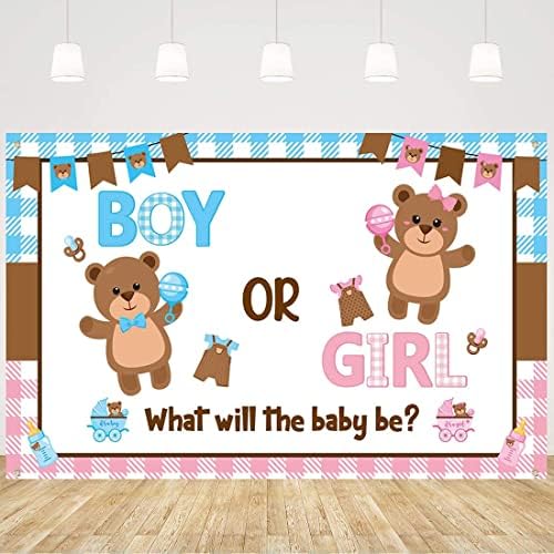 Medvjed otkriva pod na pozadini zabave banner dječak ili djevojčica kakva će biti pozadina za fotografiranje djeteta pod na zabavi