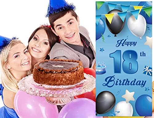 Sretan 18. rođendan, pozadina s plavim transparentom, baloni, zvijezde, konfeti, čestitke za 18. rođendan, tematski ukrasi, dekor vrata,