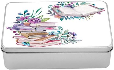 Ambsonne knjige Tin Box, akvarelni stil Bookworm suhi cvjetovi Romantični čitati ispis na običnoj pozadini, prijenosni pravokutnik