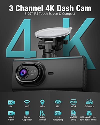 SARMERT LS09 3-kanalna crtična kamera sa 64 GB ugrađenim 5G WiFi GPS-om, 4K crtića prednja strana, 2k+1080p crtica prednja i stražnja