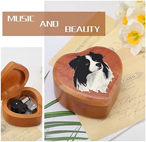 Slatka granica Collie Hound Wooden Music Box Wrup Srce u obliku tiskanih glazbenih kutija za rođendan za Valentinovo obljetnicu