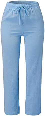 Wocachi ženske pamučne lanene hlače Elastični struk bočni džepovi visoki povremeni labavi hlače hlače za žene