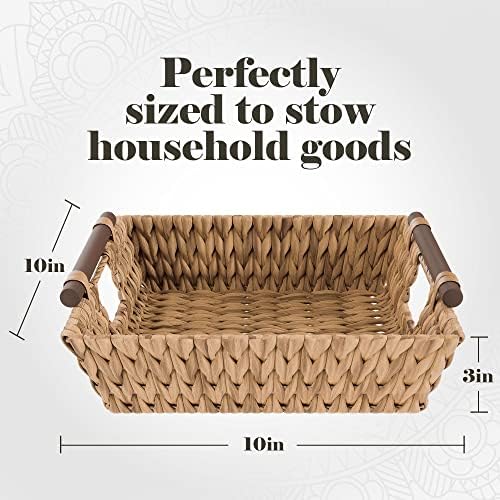 Vodena hijacintska pletena košarica s ručkama | 2-PACK kvadratna pletena košara za skladištenje s ugrađenim ručkama za nošenje | Skladištenje