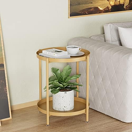 Pomoćni stolić 2-slojni metalni okrugli krajnji stolić stolić za kavu mali pomoćni stolić na kauču za vanjsku i unutarnju upotrebu