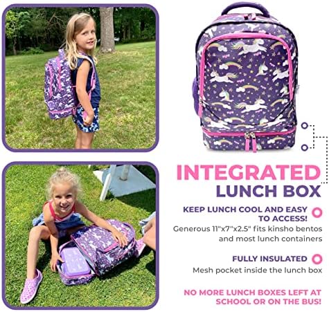 Bento kutija za ručak za malu djecu i djevojčice, 5 dijelova u dobi od 3 do 5 godina, ljubičasti jednorog + ruksak za ručak za djevojčice,