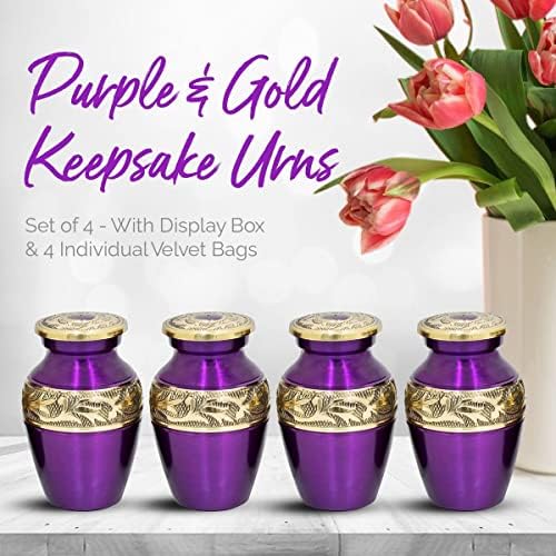 Purple Keepsake Urne za ljudski pepeo - mini urne set od 4 s vrhunskim kutijama i vrećama - ljubičaste urne za pepeo - počastite svoju