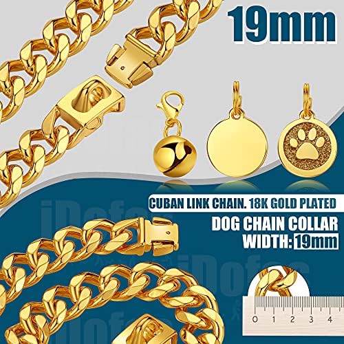 Idofas Gold Dog Chain ovratnik 19 mm kubanska veza pseća ovratnik s kopčama 18k zlatna obložba od nehrđajućeg čelika metalni ovratnici