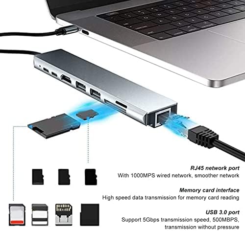USB hub, USB C-hub, USB adapter, 8 port Type C-hub USB 3.0 PD RJ45 Multimedijsko sučelje visoke razlučivosti čitač kartice za laptop